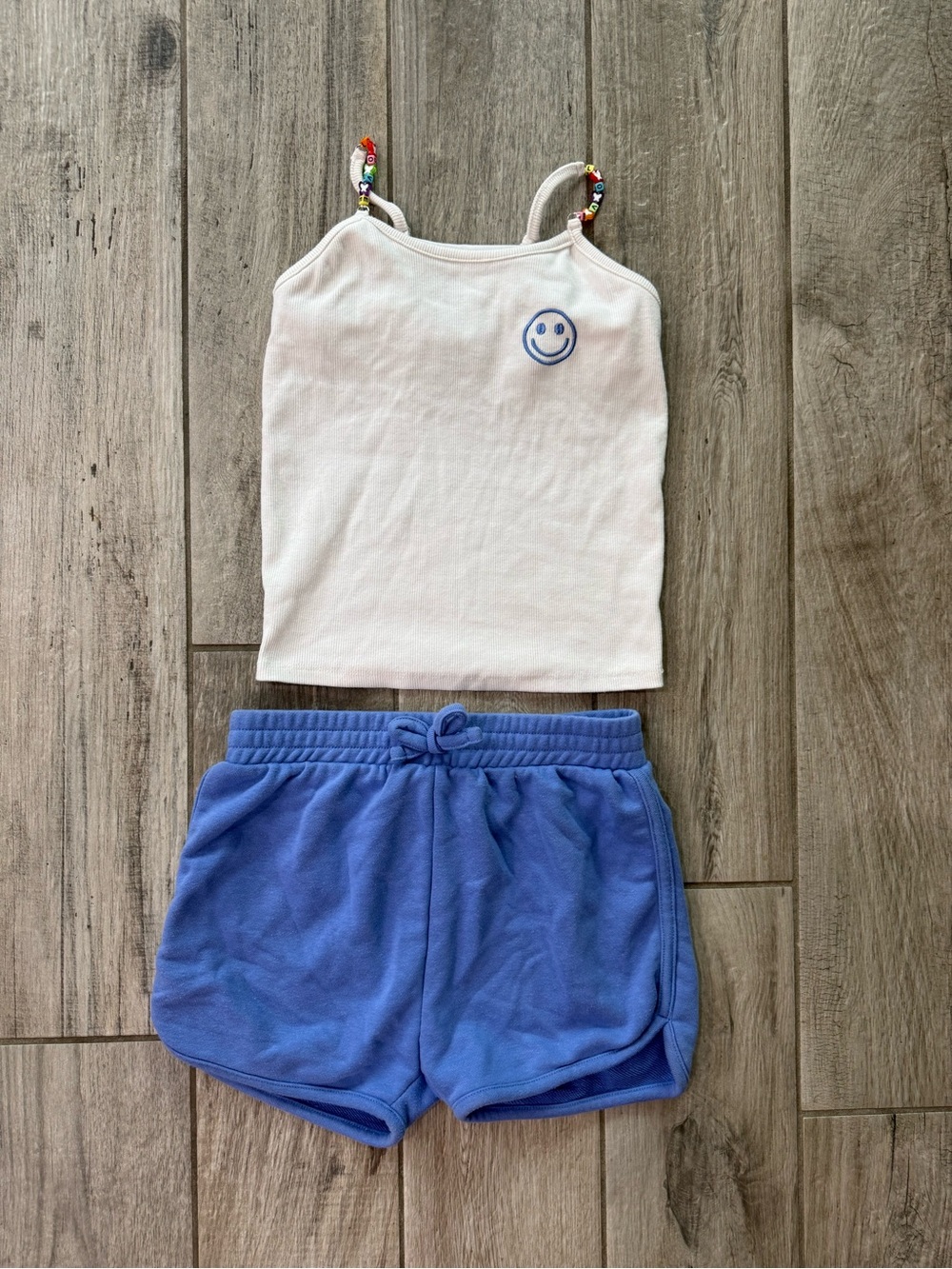 btween White Tank Top with Blue Smiley & Blue Shorts Kids Matching Set